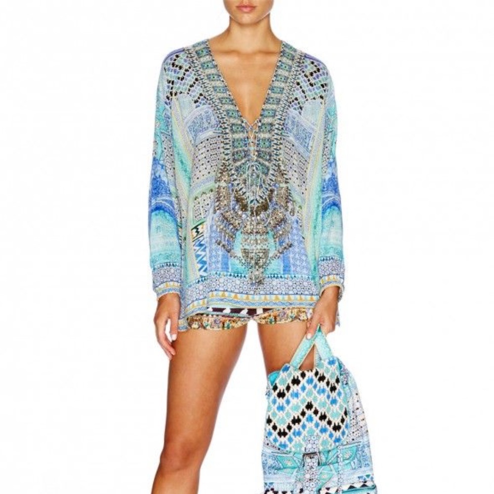 CAMILLA SILK Lace Up Tunic Blue/White S